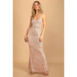 Lulus Rose Gold Sequin Fringe Lace-up Maxi Dress